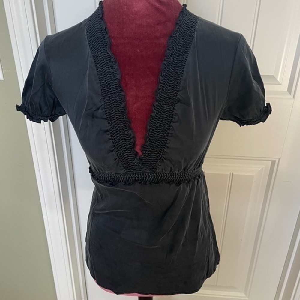 Dusty Navy Silky Ruffle Blouse BCBG Maxazria SZ 8